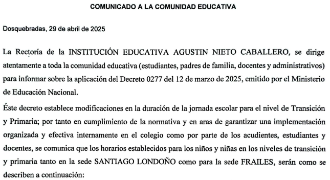 Cambio en la jornada escolar transición y primaria